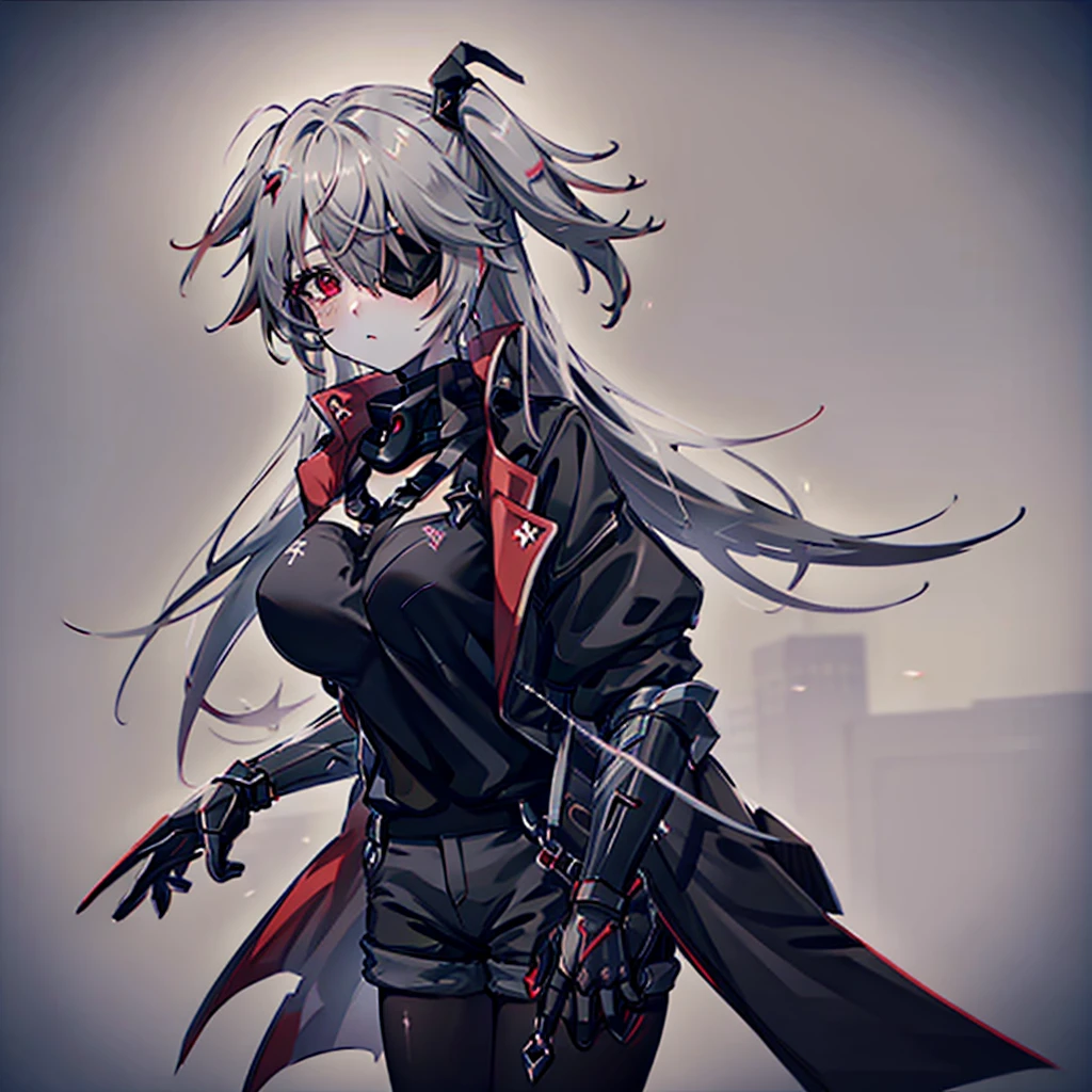 1girl, ashen_blond_hair, long_hair, bangs, eyepatch, red_eyes, two_side_up, hair_over_one_eye, blush, giant_breasts, Black_trench_coat, gauntlets, Black_pantyhose, grey_shorts, pale skin,