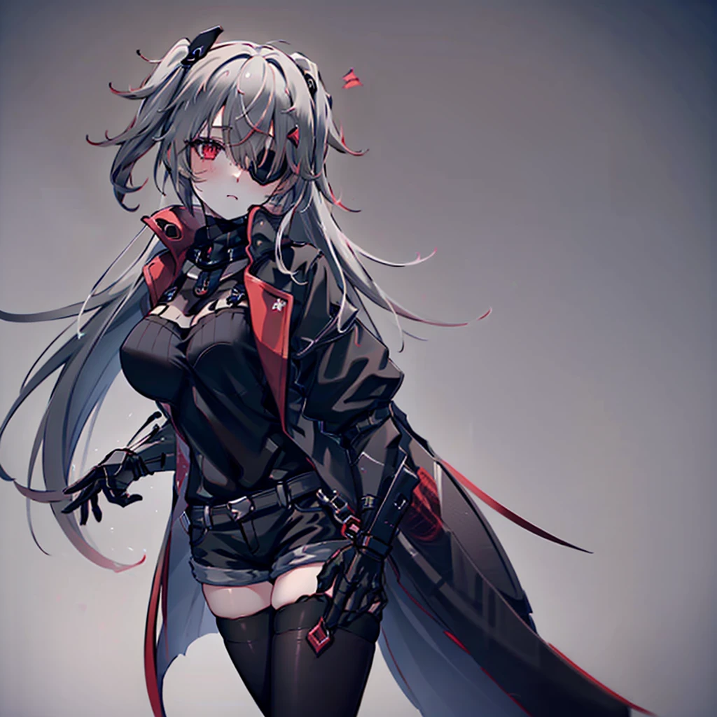 1girl, ashen_blond_hair, long_hair, bangs, eyepatch, red_eyes, two_side_up, hair_over_one_eye, blush, giant_breasts, Black_trench_coat, gauntlets, Black_pantyhose, grey_shorts, pale skin,
