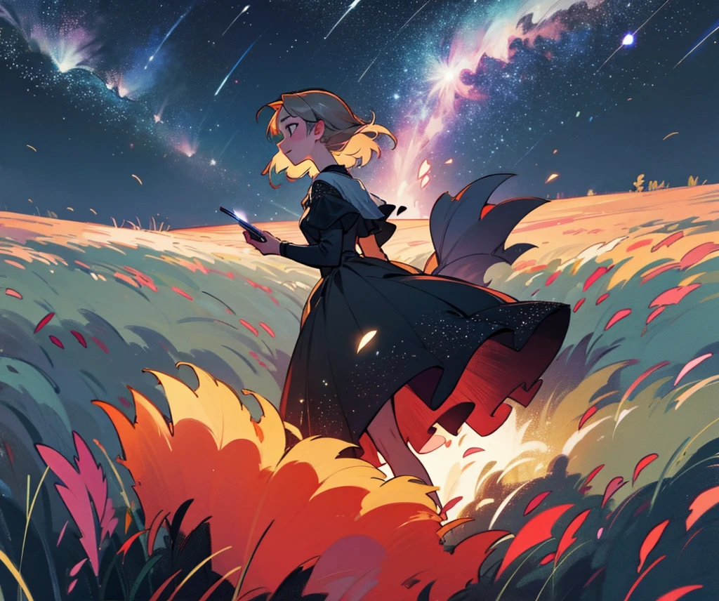 A night meadow with falling stars that can be easily drawn