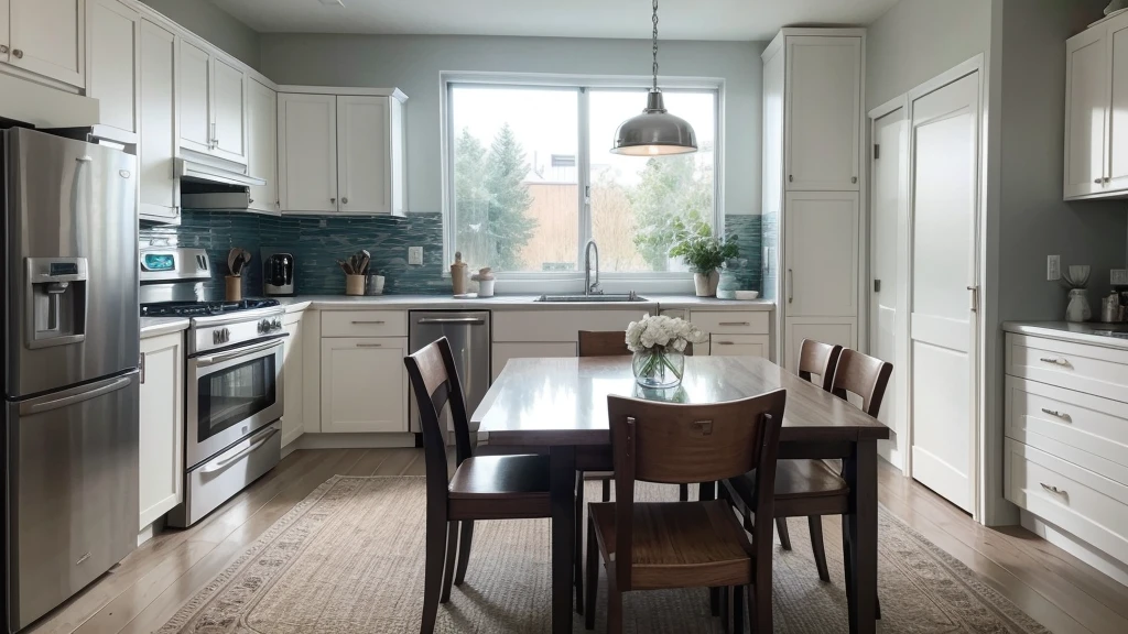 {

    "request_high_resolution": "yes",

    "style": "ultra-realistic",

    "subject": {

    "type": "elegant kitchen",

    "characteristics": {

    "central_element": {

    "type": "large refrigerator with 3 side by side style doors",

    "details": {

    "appearance": "platinum",

    "linen": {

    "material": "stainless",

    "color": "silver",

    "texture": "smooth"

    }

    }

    },

    "secondary_elements": [

    {

    "type": "dining table",

    "details": {

    "material": "glass",

    "color": "beige with brown",

    "location": "right side of the refrigerator, on a soft light brown rug"

    }

    },

    {

    "type": "windows",

    "details": {

    "size": "kitchen standard",

    "curtains": {

    "material": "light and airy fabric",

    "White color",

    "style": "fluid, semi-transparent"

    },

    "light_effect": "soft filtered morning light, creating a bright, warm atmosphere"

    }

    },

    {

    "type": "wall art",

    "details": {

    "content": "abstract paintings",

    "style": "modern, with calm tones matching the kitchen's color palette"

    }

    }

    ]

    }

    },

    "bottom": {

    "details": "The walls are painted in light pastel tones, which complements the overall serene theme. The furniture is minimalist but elegant, including a stove and a standard kitchen lamp."

    },

    "first plan": {

    "details": "The foreground features the refrigerator in focus with the soft carpet extending from the refrigerator to the viewer, adding texture and depth to the scene."

    },

    "Additional Details": {

    "lighting": "Natural light is the primary source, creating soft shadows and highlighting the texture of the materials used throughout the kitchen.",

    "colors": "A palette of light blues, navy and white dominates, providing a calm and sophisticated visual experience.",

    "texture": "Textures are richly detailed, enhancing the tactile feel of the space."

    },

    "size": "