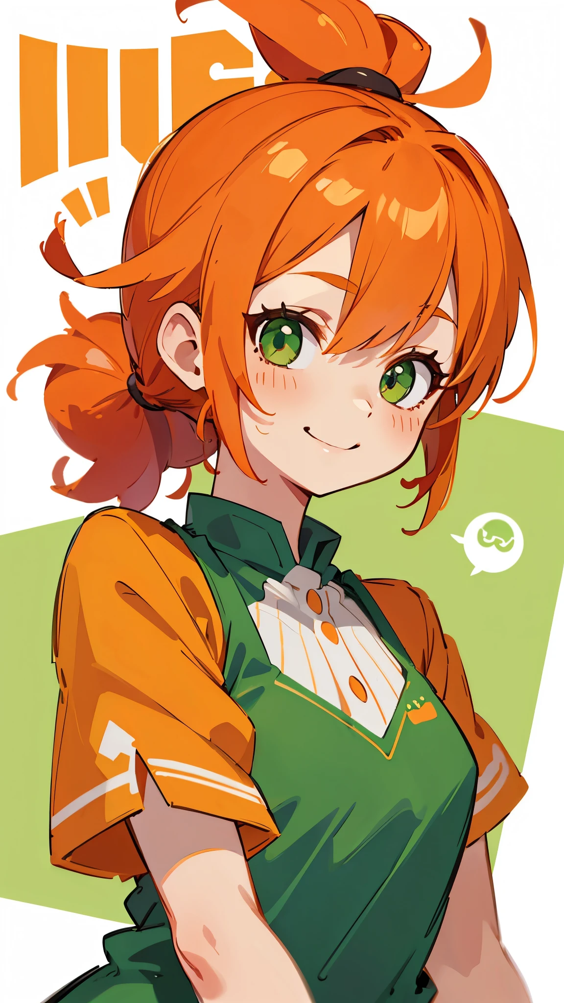 Orange clothes、Orange Hair、ponytail、Beautiful green eyes、Wicked Smile、Shrimp mascot、Upper body close-up