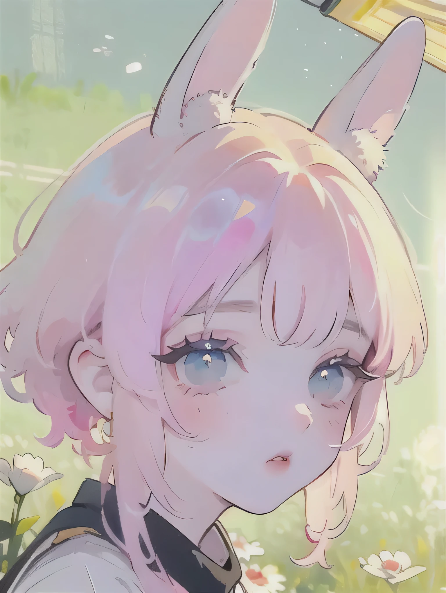 (High quality) (best quality) (A woman) (correct physiognomy) (perfect pupils) (perfect eyes) anime woman, deep pink hair, long and fluffy, two bunny ears coming out of her head, eyes of  color blue, sensitive lips, feminine appearance, soft facial features, thin eyebrows, soft skin, rosy cheeks, rosy lips, silky eyelashes, dreamy expression, middle age, youthful clothing, sweatshirt with print of sheep, photo illuminated by sunlight, woman in a field of house