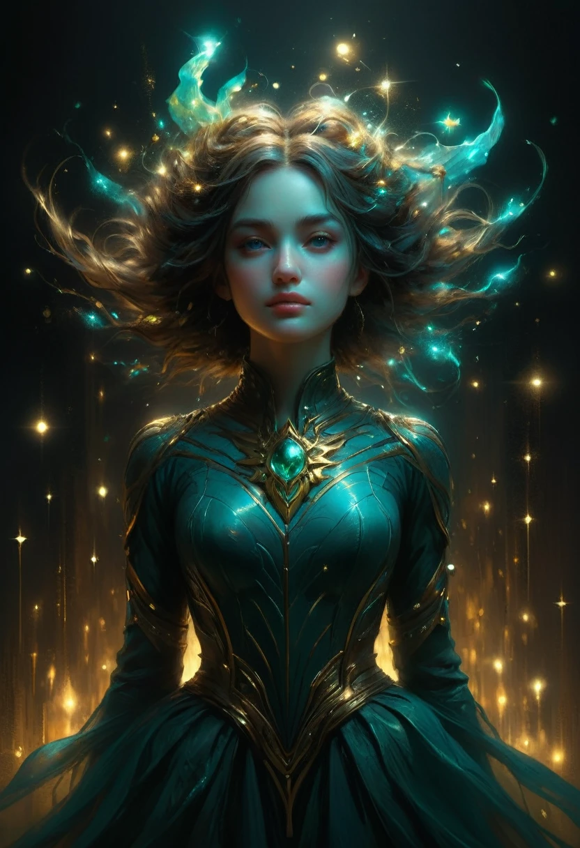 (Best quality)), ((masterpiece)), (highly detailed:1.3), ((( full body))), 3D, beautiful, realistic, photo-realistic, seductive, cute, Perfect centralization, Fantastic teal and gold aesthetic, alegria, Standing position, abstract beauty , Central, looking at the camera, Facing the camera, Approaching perfection, Dynamic, highly detailed, sharp focus, 8k, high resolution, illustration, arte de Carne Griffiths e Wadim Kashin, whimsical lighting, (enchantress ambiance), imaginative artwork, ethereal glow, silent Luminescence, whispering Silent, vibrant ghostly background