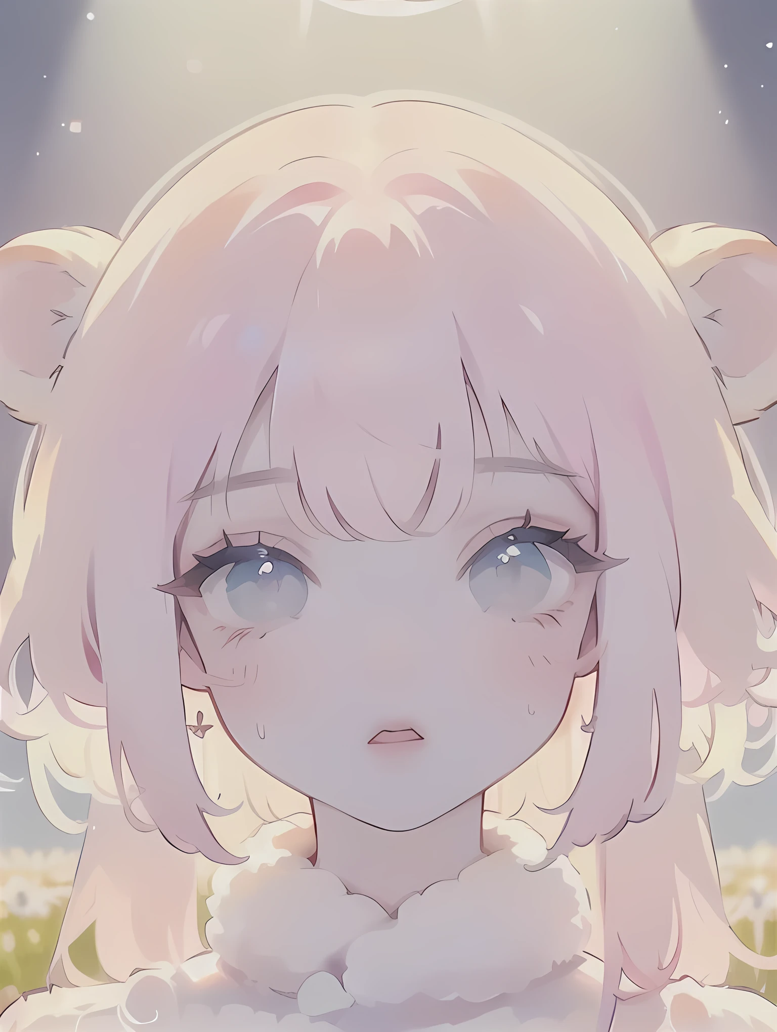 (High quality) (best quality) (A woman) (correct physiognomy) (perfect pupils) (perfect eyes) anime woman, deep pink hair, long and fluffy, two bunny ears coming out of her head, eyes of  color blue, sensitive lips, feminine appearance, soft facial features, thin eyebrows, soft skin, rosy cheeks, rosy lips, silky eyelashes, dreamy expression, middle age, youthful clothing, sweatshirt with print of sheep, photo illuminated by sunlight, woman in a field of house