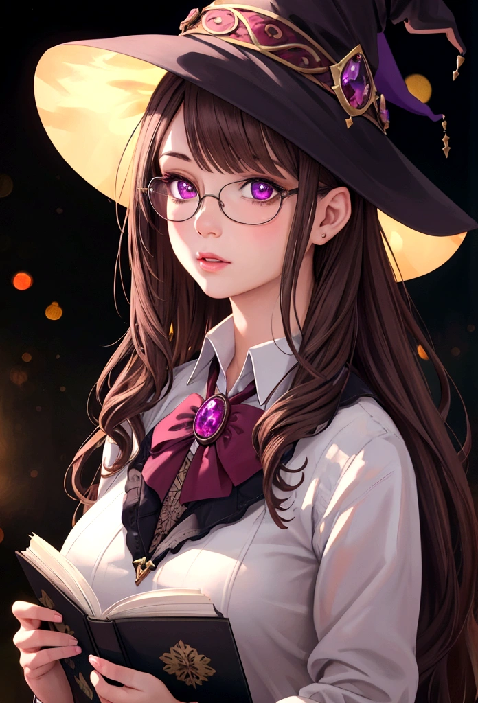 a charming brown-haired girl, detailed eyes, detailed lips, beautiful detailed face, round black-framed glasses, magenta eyes, witch outfit, witch hat, magic wand, shy and startled expression, floating books, best quality,4k,8k,highres,masterpiece:1.2,ultra-detailed,realistic,photorealistic,photo-realistic:1.37,HDR,UHD,studio lighting,ultra-fine painting,sharp focus,physically-based rendering,extreme detail description,professional,vivid colors,bokeh,fantasy,magic