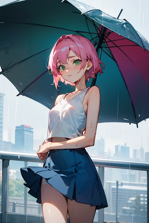 creates a 21-year-old anime girl in the rain with a wet white tank top with a short blue skirt pink hair and green eyes in an anime cityscape 
