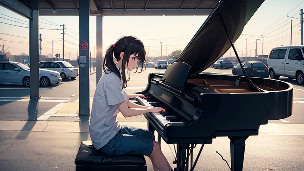 One playing the piano in a parking lot 