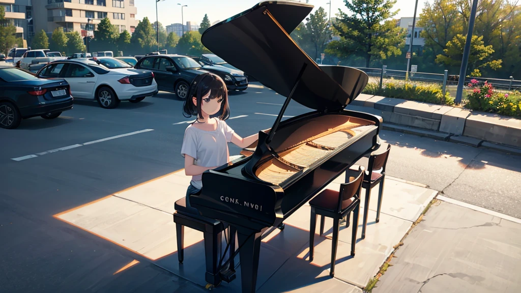 One playing the piano in a parking lot