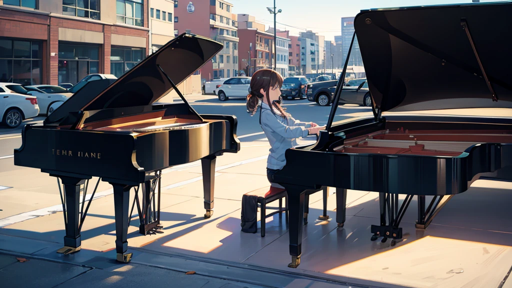 One playing the piano in a parking lot