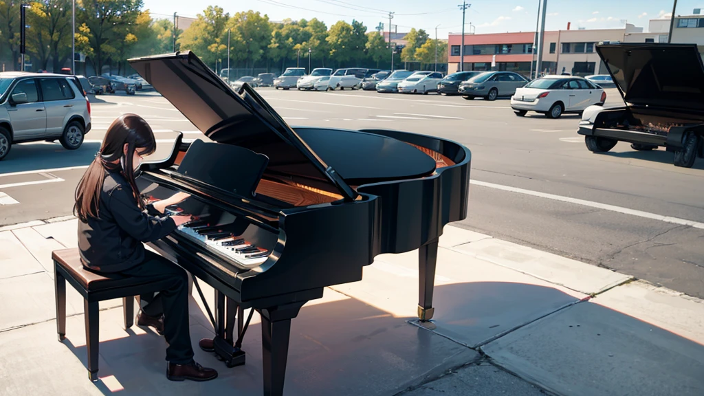 One playing the piano in a parking lot