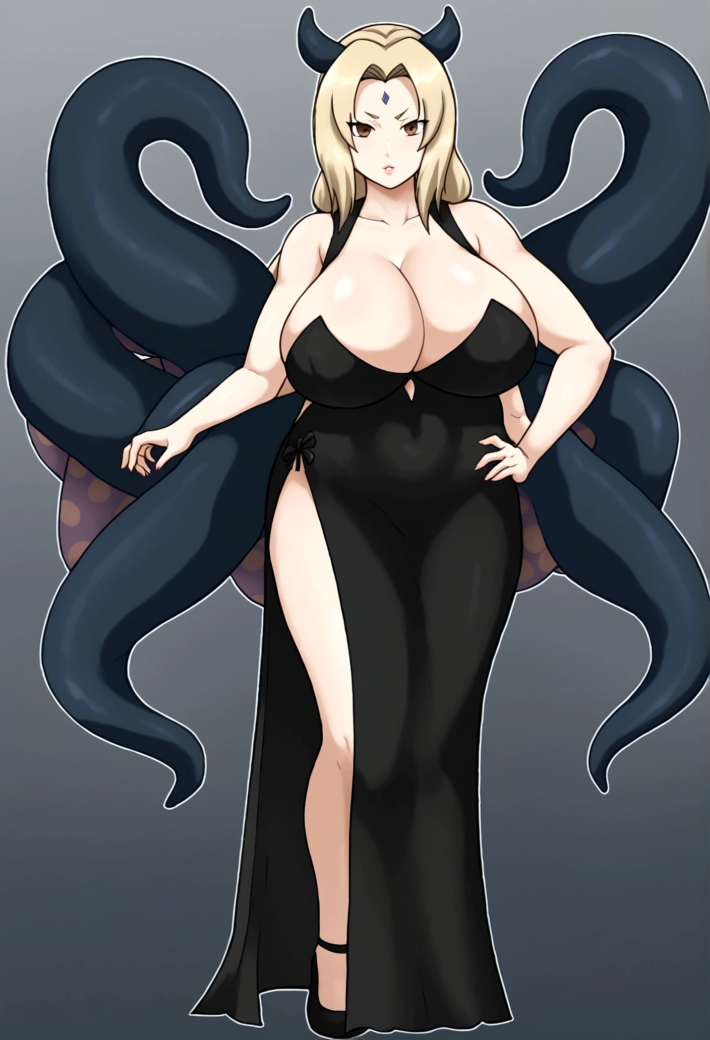 Tsunade, ninomae hair, ninomae tentacles, huge breasts, 4 arms, full body.