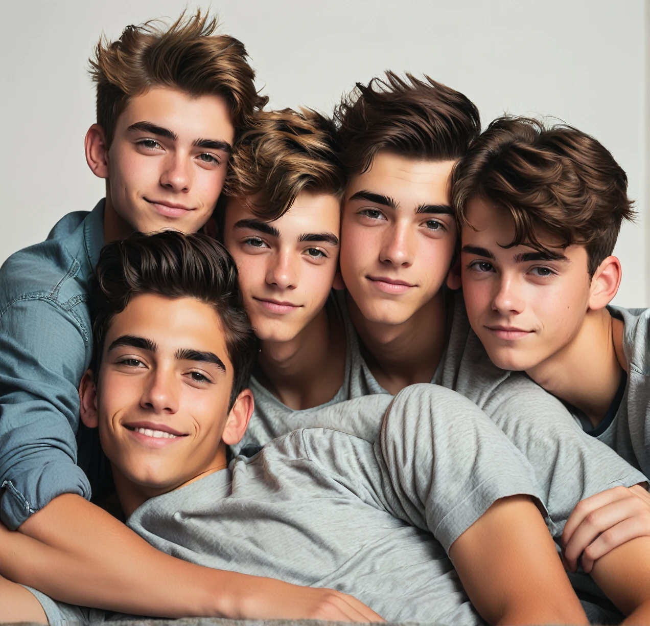 3 different cute male teenagers cuddling together