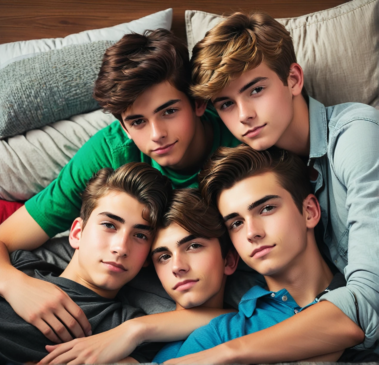 3 different cute male agers cuddling together