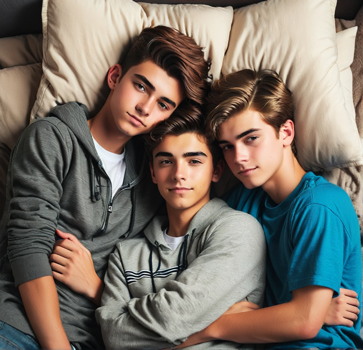 3 different cute male teenagers cuddling together