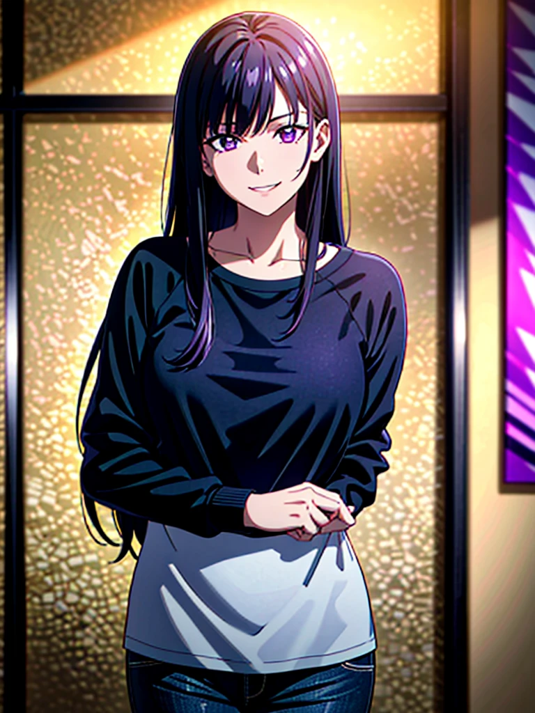 1girl, solo, black hair, black skin, purple raglan shirt, yellow pants, purple eyes, fang smiling, teen, room, indoors, (best quality, 4k, 8k, highres, masterpiece:1.2), ultra-detailed, (realistic, photorealistic, photo-realistic:1.37), HDR, UHD, studio lighting, ultra-fine painting, sharp focus, physically-based rendering, extreme detail description, professional, vivid colors, bokeh, portrait