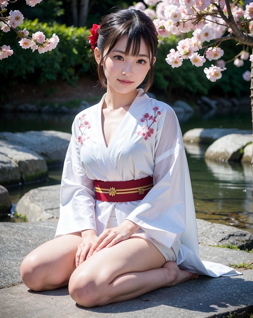 goddess,Moonlit Night,Starry Sky,moonlight,Flower Field,Cherry blossom trees,No buildings,Black Hair,,18-year-old､sexy､Slender,Open chest,Golden band cord,Pure white kimono with kirin embroidery,barefoot,Cute smile,Looking up,Realistic details,Highest quality,Ultra-high resolution,Face Focus(Depth of written boundary)､Japanese,One person,Red eyes,Natural Face,(Chignon),sit down,Touching hair