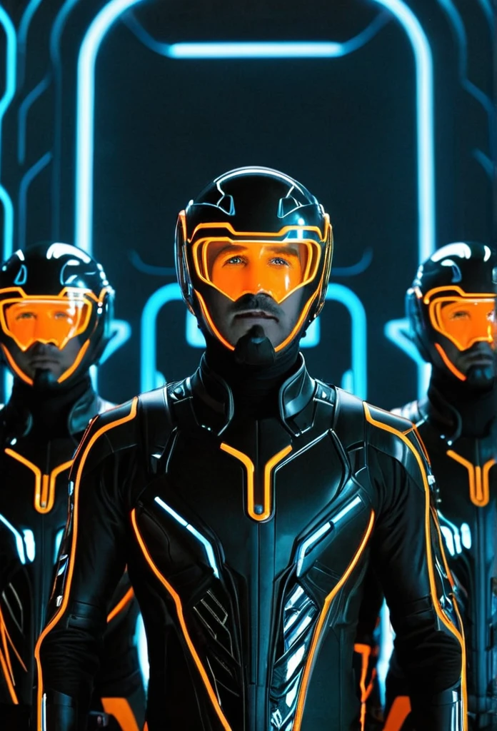 Multiple guards in tron suits from TRON LEGACY with orange circuits that share the face of Ryan Gosling they all look like ryan gosling