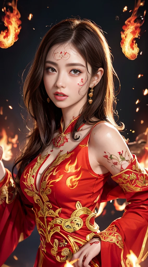 最high quality、high quality、Best image quality、8K、最High resolution、High resolution、最high quality、masterpiece、RAW Photos、whole body写真、Detailed and realistic human body、Detailed and realistic skin、Realistic face in every detail、Detailed and realistic eyes、Detailed and realistic lips、Detailed and realistic teeth、Detailed and realistic ears、Detailed and realistic hair、Realistic reproduction of every detail、((Beautiful Hands(thumb１、reference４))、Realistic feet down to the last detail、((Beautiful Japanese Girl))、(Japanese Model)、 Beautiful girl of years old))、(Black Hair)、(Random Hairstyles)、((whole body))、((Slim and perfect figure))、(Beautiful firm breasts)、(whole body光沢肌、Fair skin)、((Mysterious fabric wrapped in flames(A dress made of fire))、((Burning dress))、((The fiery dress clearly shows her body lines.))