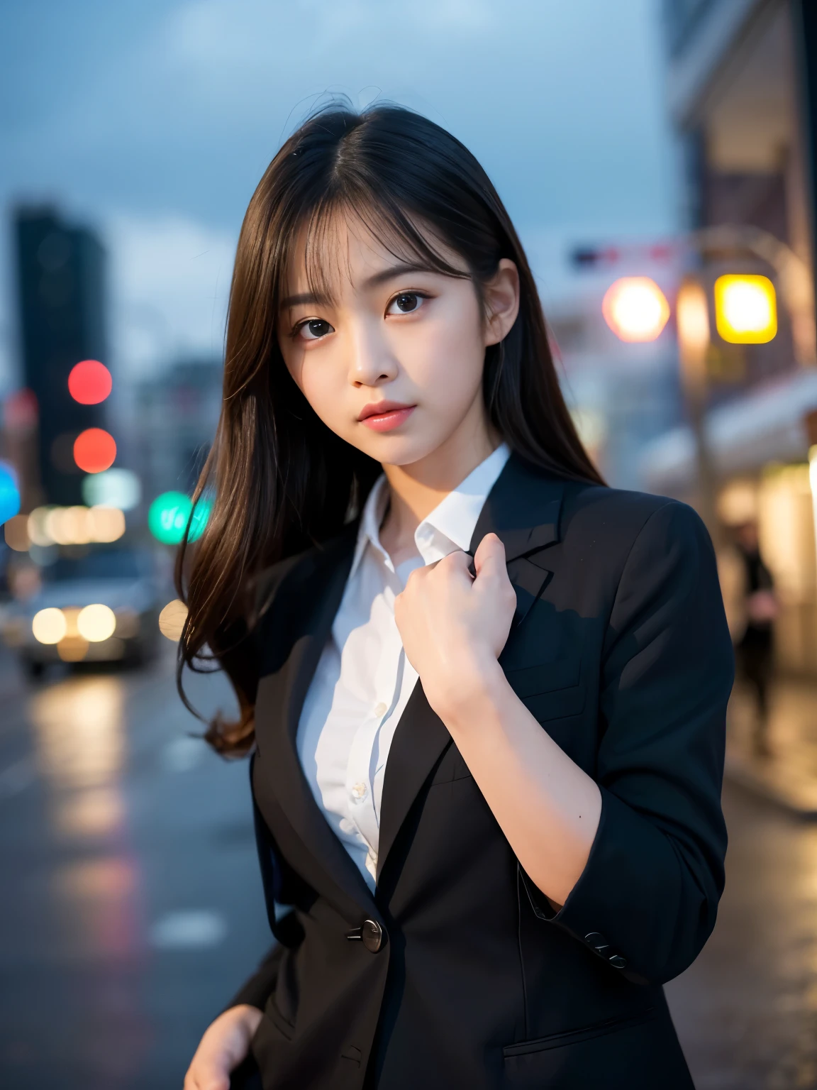 (Best-quality, Masterpiece, Ultra-High-Resolution, (Photorealistic:1.4), Raw Photo, depth of field, professional lighting, perfect anatomy, extremely details), 1girl, 15-years-old, the most famous Japanese idol, ((extremely cute face like the most popular Japanese idol, ((extremely cute and extremely big eyes)), extremely beautiful hair, extremely beautiful skins), extremely cute long-eyelashes, extremely cute lips), (((completely drunk))),
(standing on street in heavy-storm),
((wearing black-formal-business-suit))