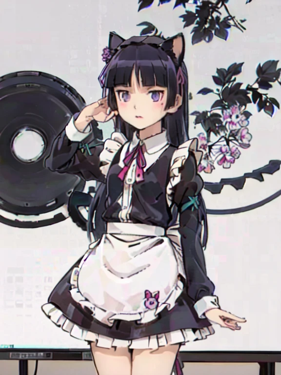 (ruri gokou), (Ultra-high resolution), (masterpiece), (Attention to detail), (high quality), (最high quality) , 1 Girl, alone, Hime cut, Maid clothes, Cat ear, Black Tail, (apronスカート), Midi Skirt, (stockings), apron, Frills, ribbon, Cosplay, collar, cuffs,