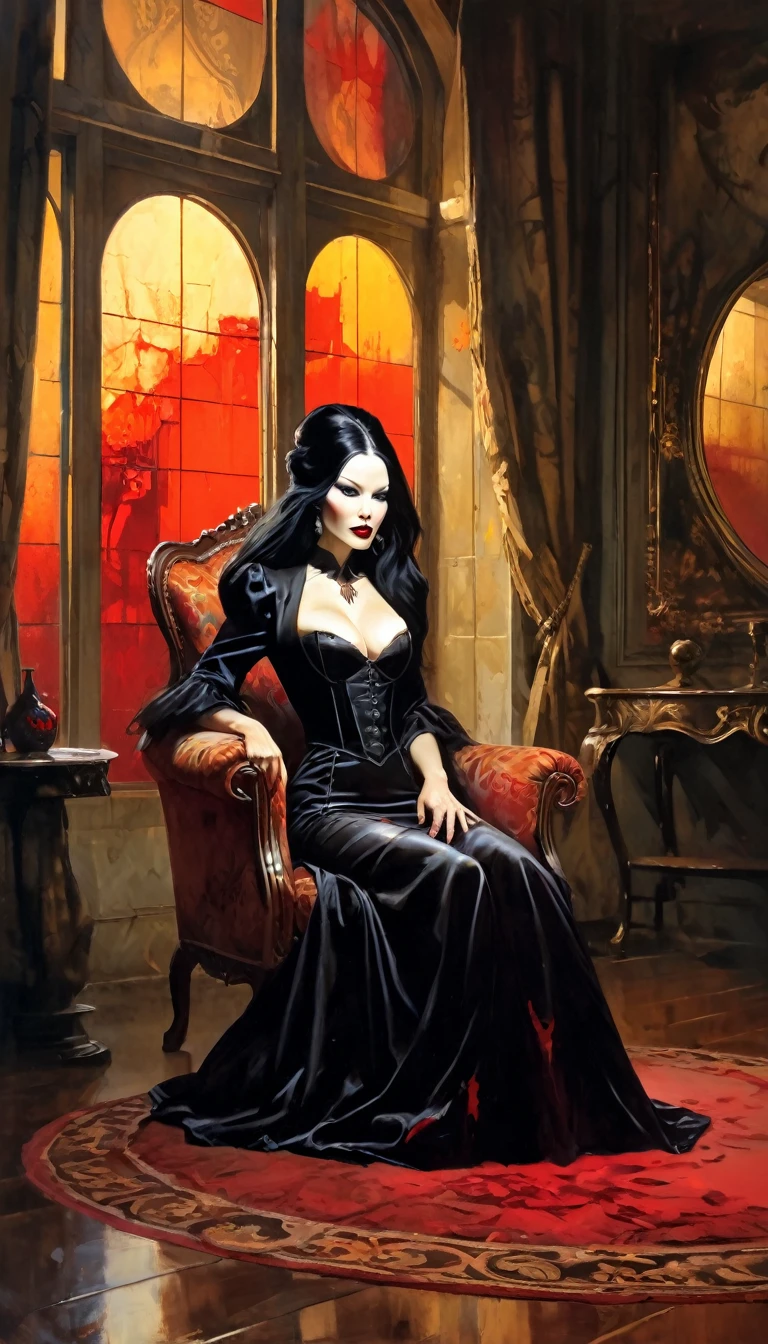 vampire girl, long black hair, middle age, full of blood, sexy middle age noble clothing, (((blood in the mouth))), slight smile, in a palace room, sitting in a luxurious armchair, large window with night view, dim light , sepia toned, (art inspired by Bill Sienkiewicz). oil painting)(best quality,4k,8k,highres,masterpiece:1.2),ultra-detailed,(realistic,photorealistic,photo-realistic:1.37),intricate details,vivid colors,sharp focus,professional,Dave McKean artwork, oil touch of surrealism,oil painting style
