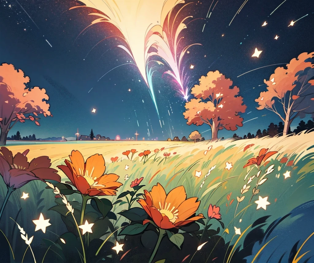 A night meadow with falling stars that can be easily drawn