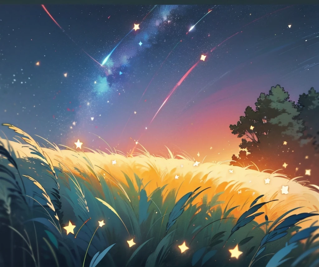A night meadow with falling stars that can be easily drawn