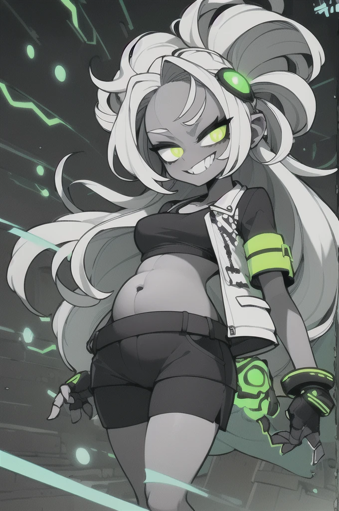 masterpiece, best quality, 1girl, beautiful face,
(GlowingNightmare:1), glowing, Nara_AFK, solo, 1girl, grey skin, long white hair, torn clothes, black crop top, jacket, belt, shorts, glowing green, zombie, skull, dynamic pose, (pregnant)