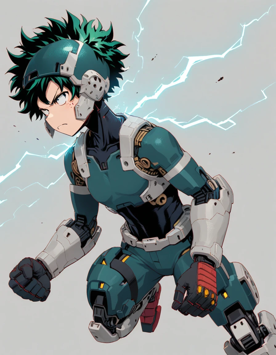 masterpiece, 1 boy, male focus, midoriya izuku, boku no hero academia, Injury, electricity, mechanical body, cyber helmet, Green suit, green helmet, covered body, Robot feet, Joints, male body, physical evil, gloves, Articular fingers, bare shoulders, intricate details on the hands, intricate details on the fingers, Perspective from above, Angry face, (dynamic pose: 1.2, Punching), (cinematic lighting), (simple grey background), Full body view
