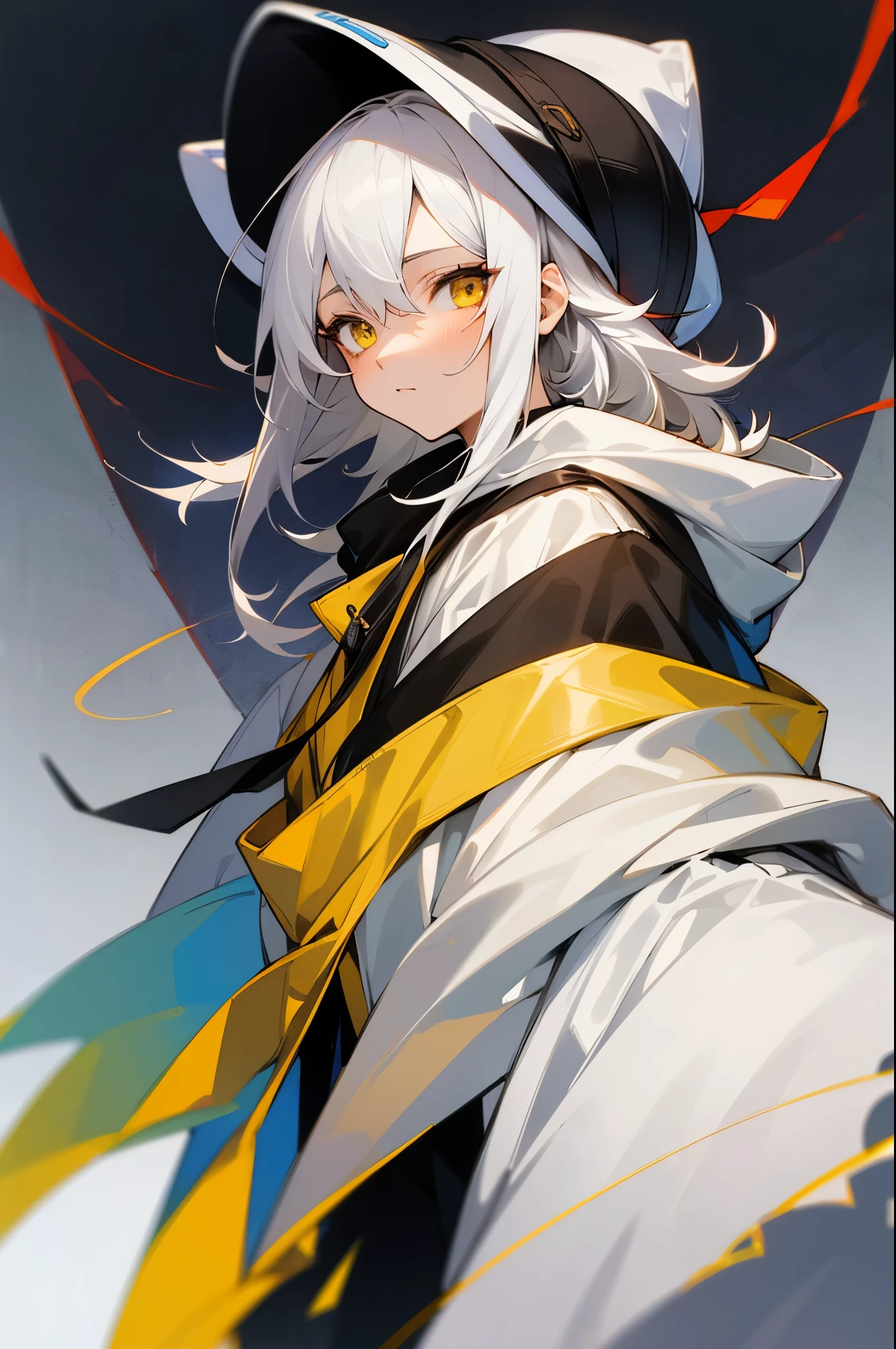 masterpiece, best quality, high quality, yukine, two boy girl, two, male focus, upper body, looking at viewer, hood, hoodie, hat , girl ,black hoodie , white hair , yellow eyes