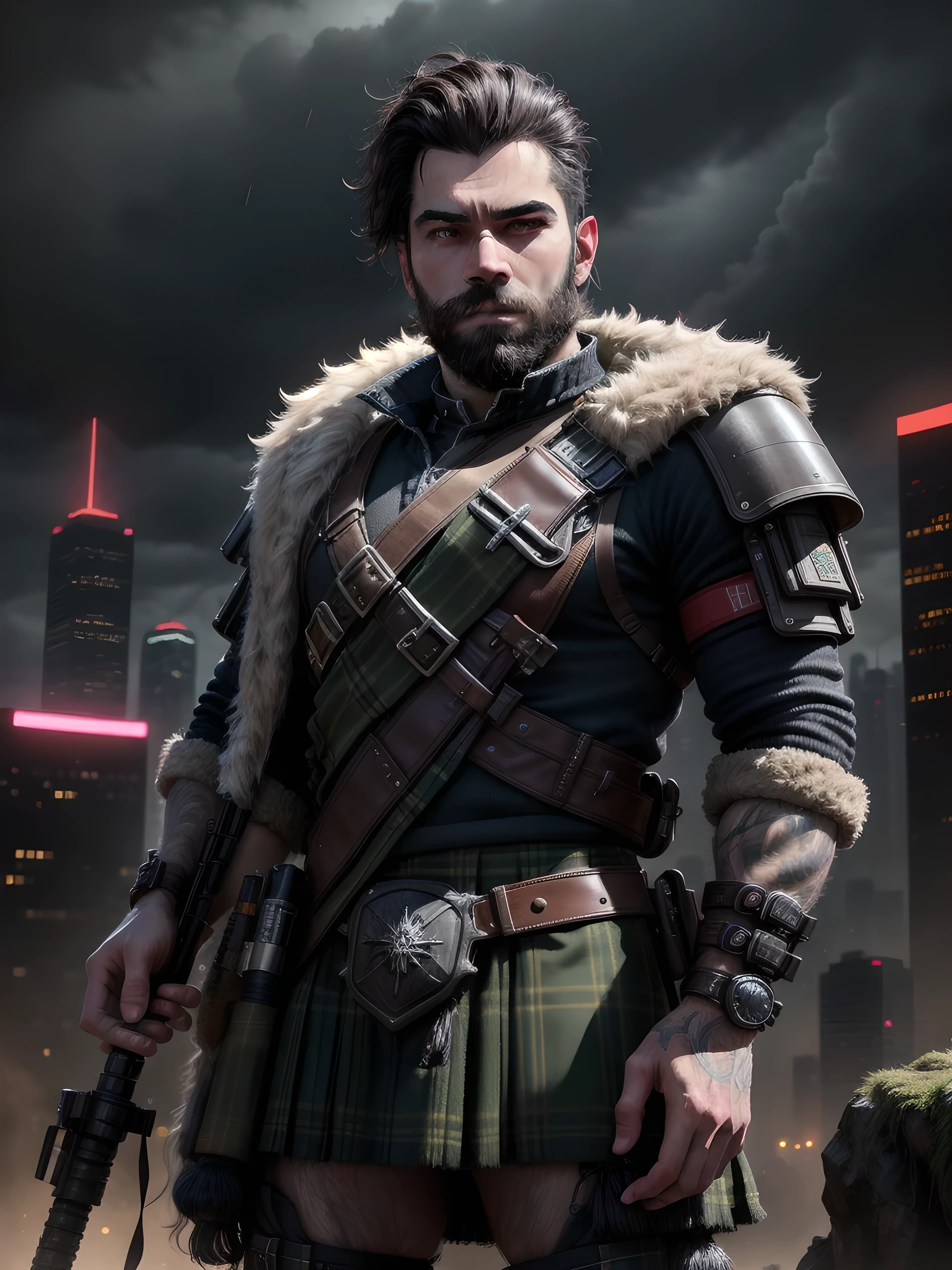 “Ultra-realistic RAW portrait of a traditional Scottish 1 man, male, solo, very hairy, with a large brown beard and short hair in a military-style cut, reimagined in a cyberpunk setting. He is wearing futuristic Scottish Highland attire, including a kilt with neon accents and synthetic animal hide, and is playing a high-tech bagpipe with glowing components. The scene is set on a high, muddy mountain with neon-lit skyscrapers in the background under a cloudy and rainy sky. The man is muddy and looks weathered by the elements, with cybernetic enhancements visible on his body. The lighting should feature vibrant neon colors and dramatic contrasts to highlight the intricate details of his attire, the texture of his beard, and the futuristic environment. Photographed with a professional DSLR camera to capture fine details and depth."