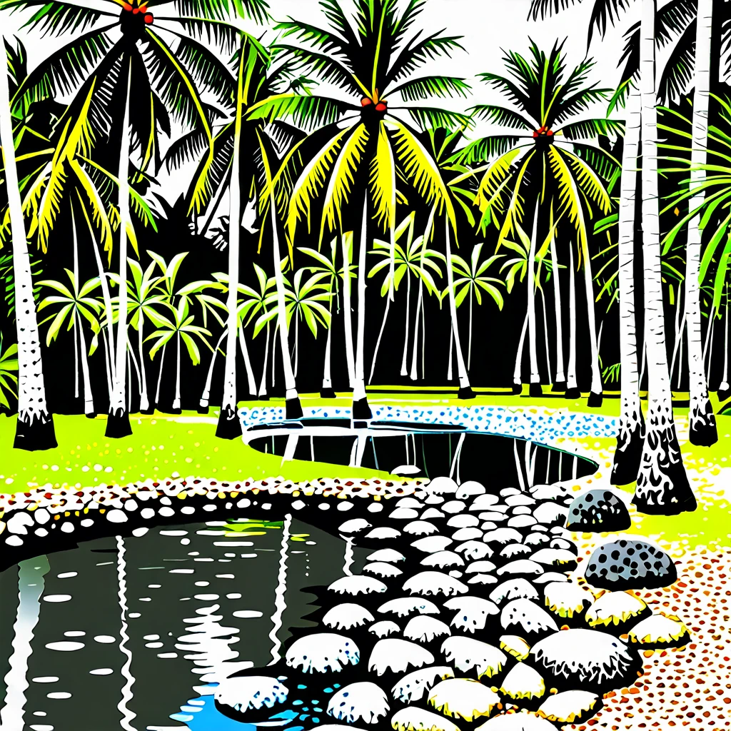Some coconut trees with a pond running water with some stones