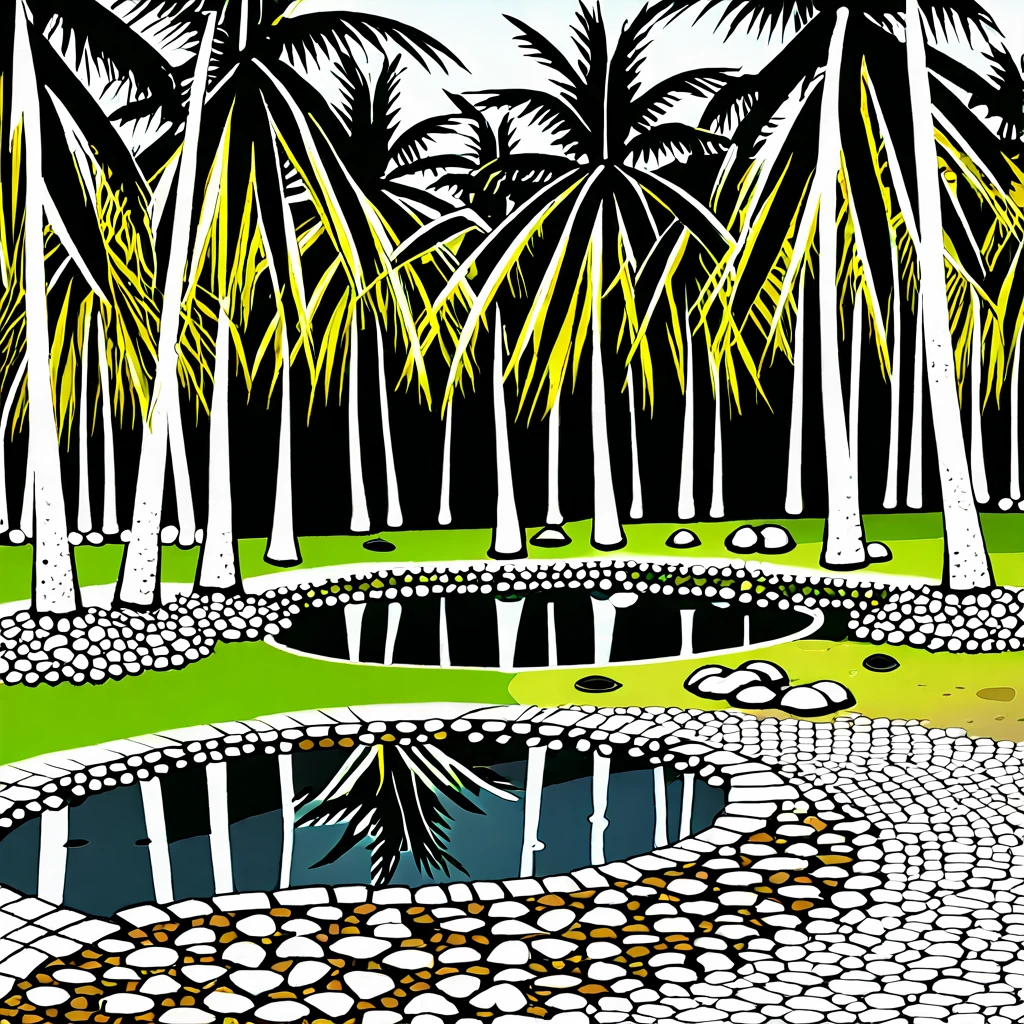 Some coconut trees with a pond running water with some stones