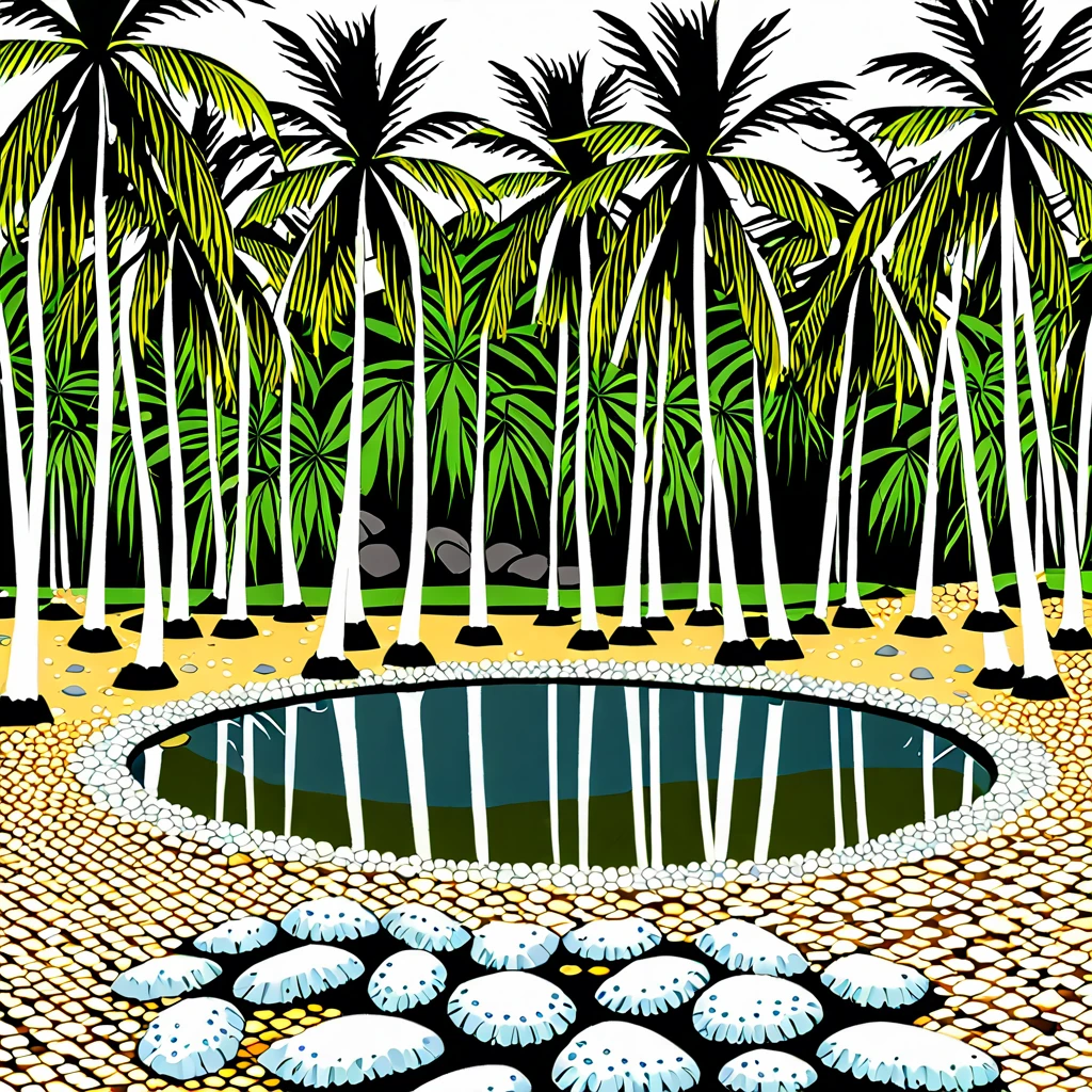 Some coconut trees with a pond running water with some stones