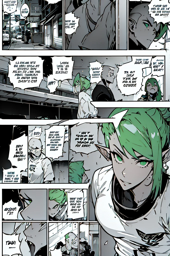 beautiful  elf. with very short clothes, green hair, with angry face