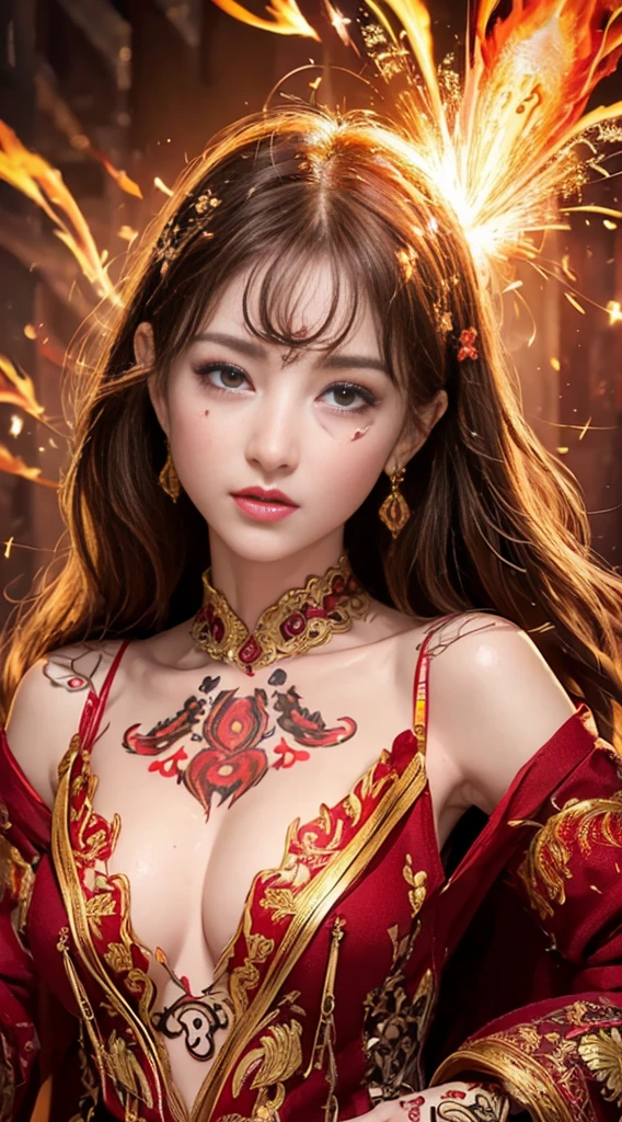 nsfw、Highest quality、masterpiece、Ultra-high resolution、32k、Model Body Type、One Girl, Female Fire Spirit, Redhead, The upper body is visible、((Delicate illustrations drawn in detail:1.8)),((Clothes with intricate decorations:1.5))、(((A large amount of sparks are flying)))、Sacred robe、Sexy clothes、Lots of gold ornaments、Red and orange attire、Correct number of limbs、(((Above the flames)))、(((Hellfire)))、((Red eyes))、(((Wearing flame on the body)))、(((Swirling flames in the background)))、goddess、