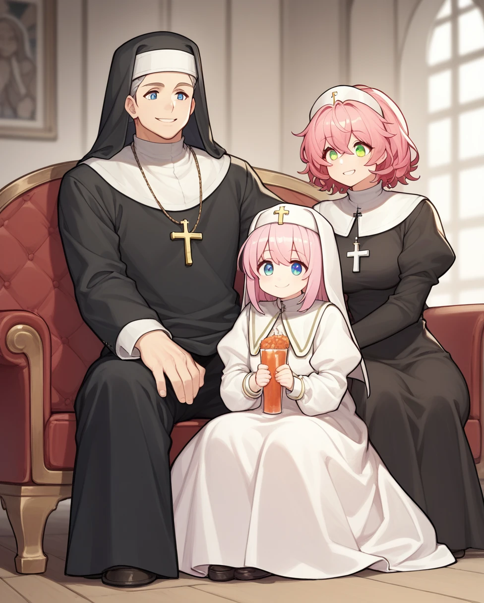 score_9, score_8_superior, score_7_superior, sauce_anime, BREAK MULTIPLE GIRLS, One boy, priest, Nuns, Sitting, whole body, smile, View your viewers, sofa, evaluation_Safety、Pink hair