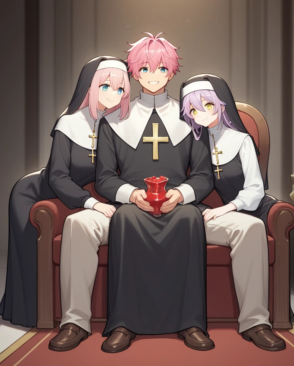 score_9, score_8_superior, score_7_superior, sauce_anime, BREAK MULTIPLE GIRLS, One boy, priest, Nuns, Sitting, whole body, smile, View your viewers, sofa, evaluation_Safety、Pink hair