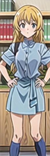 a girl talking on a cell phone in a library, hand on hips, anime style, light blue dress, blue jeans, blue shoes, colored manga panel, standing in class, madhouse studio anime aesthetic, cel shaded anime, wearing a diner uniform, standing in a lab, colored sketch anime manga panel, hand on waist, wearing a skirt