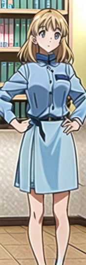 a girl talking on a cell phone in a library, hand on hips, anime style, light blue dress, blue jeans, blue shoes, colored manga panel, standing in class, madhouse studio anime aesthetic, cel shaded anime, wearing a diner uniform, standing in a lab, colored sketch anime manga panel, hand on waist, wearing a skirt
