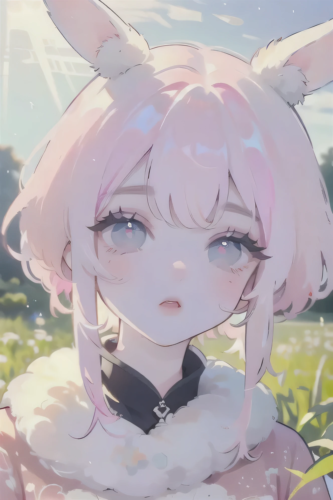 (High quality) (best quality) (A woman) (correct physiognomy) (perfect pupils) (perfect eyes) anime woman, deep pink hair, long and fluffy, two bunny ears coming out of her head, eyes of  color blue, sensitive lips, feminine appearance, soft facial features, thin eyebrows, soft skin, rosy cheeks, rosy lips, silky eyelashes, dreamy expression, middle age, youthful clothing, sweatshirt with print of sheep, photo illuminated by sunlight, woman in a field of house
