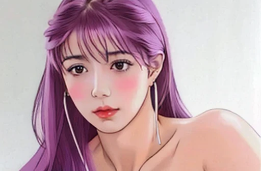 Masterpiece, Ultra realistic, 16K, Dreamy atmosphere, r3b3cc4 young, Sensual (Erotic), 1 girl (cute young) alone, delicate (seductive) female face, silky purple hair, looking at viewer, Sakuragi Otome (otome dori), hair with gradient colors , simple background, white background, jewelry, earrings, necklace, young beauty, portrait, hoop earrings, realistic, soft lighting, professional photography, photorealistic, detailed clear eyes, extremely erotic, delicate feminine, large natural breasts, belly hot, proportional narrow waist, proportionally big hips, thick legs, beautiful, nude, different sensual positions, raw, analog, sharp focus, 8K, high definition, dslr, high quality, Fujifilm XT3, Film grain, award winning, artwork  