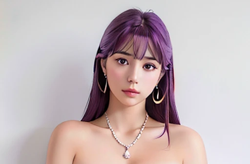 Masterpiece, Ultra realistic, 16K, Dreamy atmosphere, r3b3cc4 young, Sensual (Erotic), 1 girl (cute young) alone, delicate (seductive) female face, silky purple hair, looking at viewer, Sakuragi Otome (otome dori), hair with gradient colors , simple background, white background, jewelry, earrings, necklace, young beauty, portrait, hoop earrings, realistic, soft lighting, professional photography, photorealistic, detailed clear eyes, extremely erotic, delicate feminine, large natural breasts, belly hot, proportional narrow waist, proportionally big hips, thick legs, beautiful, nude, different sensual positions, raw, analog, sharp focus, 8K, high definition, dslr, high quality, Fujifilm XT3, Film grain, award winning, artwork  