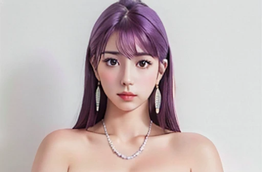 Masterpiece, Ultra realistic, 16K, Dreamy atmosphere, r3b3cc4 young, Sensual (Erotic), 1 girl (cute young) alone, delicate (seductive) female face, silky purple hair, looking at viewer, Sakuragi Otome (otome dori), hair with gradient colors , simple background, white background, jewelry, earrings, necklace, young beauty, portrait, hoop earrings, realistic, soft lighting, professional photography, photorealistic, detailed clear eyes, extremely erotic, delicate feminine, large natural breasts, belly hot, proportional narrow waist, proportionally big hips, thick legs, beautiful, nude, different sensual positions, raw, analog, sharp focus, 8K, high definition, dslr, high quality, Fujifilm XT3, Film grain, award winning, artwork  