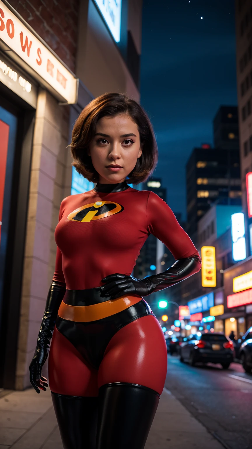 Masterpiece, (photorealistic1.4),Best quality, (solo), (1girl on night street)), (epiCRealLife), (lora:epiCFlashPhoto), (photorealistic1.4), (night scene), (night sky), (Helen Parr latex costume), (dakojohnold ), black elbow gloves), (black thighhigh), (Helen Parr bodysuit), (helen parr thighhigh) (helen parr short hair), (Helen Parr hairstyle), (outside patio), (1girl), (look at viewer), (demure), (close up), (spot light), (flashphoto, flash photography), (night time), (at night), (f/2.8), (cowboy shots), (upper body shot), (from front), (new york night street), (neon signs), (from front), (pose for pictures), 