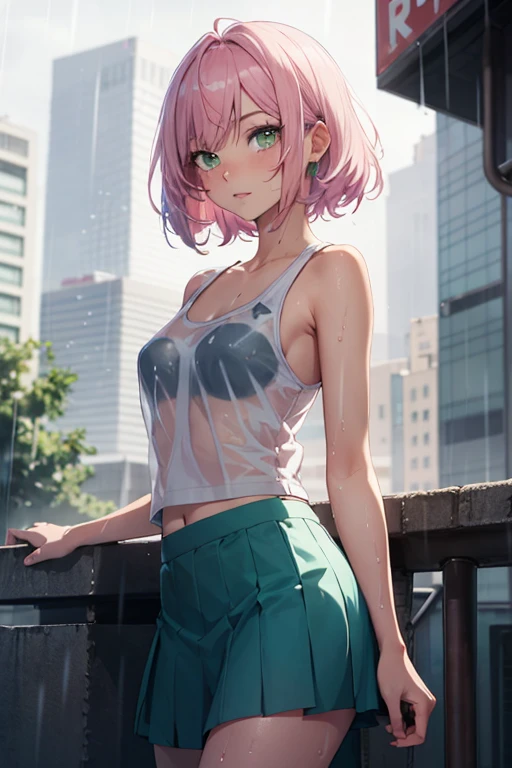 creates a 21-year-old anime girl in the rain with a wet white tank top with a short blue skirt pink hair and green eyes in an anime cityscape
