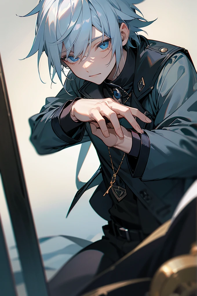 masterpiece, best quality, game cg, 1boy, solo, male focus, looking at viewer, , depth of field, , , mikhail_vanitas_no_karte, white hair, blue eyes, , , dieselpunk, 12k resolution