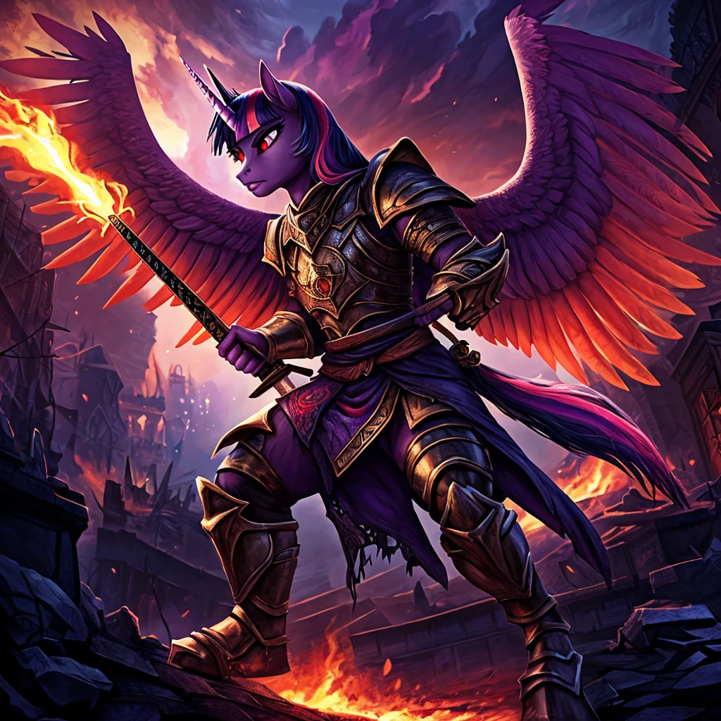 A war-torn apocalyptic city in flames, an anthro alicorn pony Queen Twilight Sparkle with detailed feathered wings and unicorn horn, detailed hands and feet, wearing steel armor, wielding a sword, surrounded by dark magic, wearing a crown, beautiful detailed eyes, beautiful detailed lips, green and red eyes with purple smoke, extremely detailed eyes and face, long eyelashes, realistic portrait, fantasy portrait, dark fantasy, concept art, digital painting, hyper-detailed, cinematic lighting, volumetric lighting, dramatic colors, deep shadows, moody atmosphere, intricate texture, highly detailed armor, ornate crown, glowing dark magic effects, dynamic pose, photorealistic, 8k, HDR, physically-based rendering, vibrant colors, cinematic framing