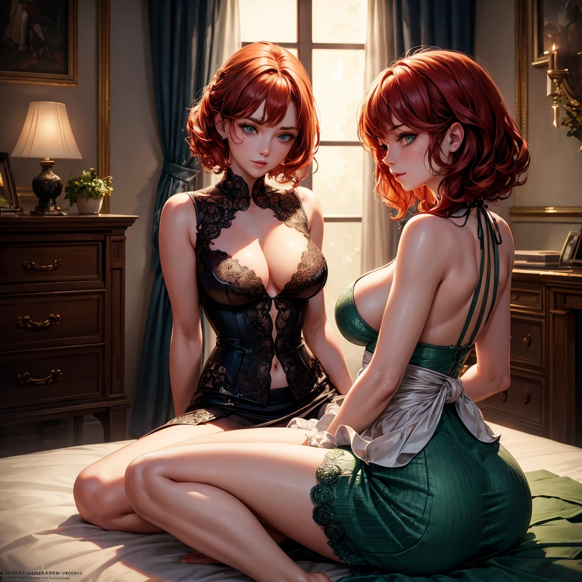 a woman, 1girl, redhead retro curl cut hair, green eyes!!!, smilling face, big breasts, small size, white tight shirt!!!, deep neckline, sexy black little skirt, full body, full body, sitting on the bed, room, very sexy body, detailed face, beautiful detailed eyes, beautiful detailed lips, extremely detailed eyes and face, long eyelashes, detailed clothing, intricate details, highly detailed, photo realistic, 8k, best quality, masterpiece, cinematic lighting, dramatic lighting, vibrant colors, fantasy, digital art, concept art