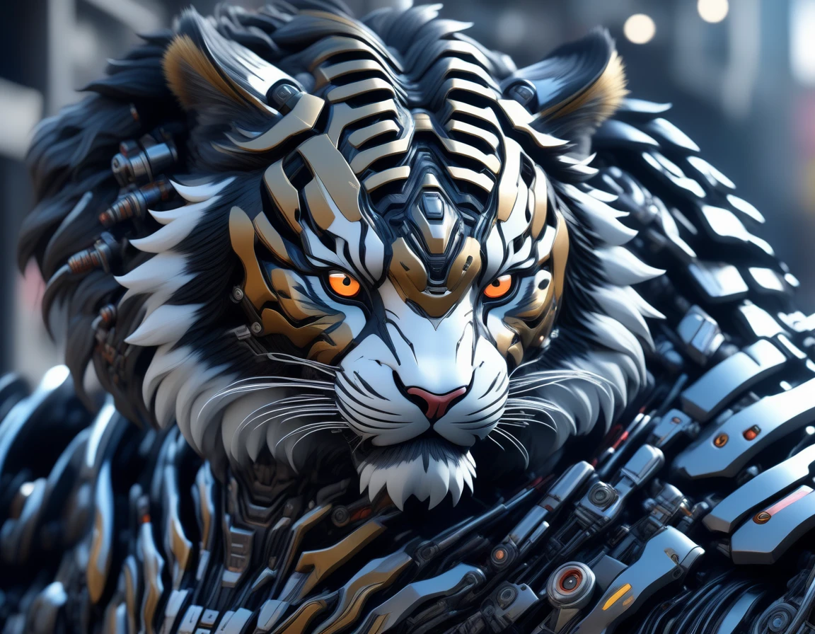 Ultra-realism, ((Masterpiece)), ((Best Quality)), (Very Detailed), ((Very Detailed)), 4K, (8K), very aesthetic, absurdres highres, mecha tiger character, hyper-realistic mechanical details, semi-realism, futuristic high-caliber weapon, cyborg style, cyborg, android